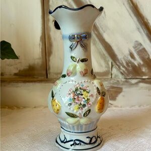 Hand painted floral ceramic vase with Blue Accents